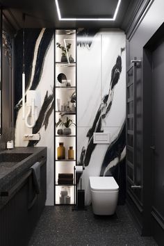 a bathroom with black and white decor on the walls, toilet and bathtub in it