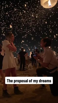 two people standing in front of a sky full of stars with the words, my dream proposal