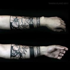 two arm tattoos with flowers and laces on the arms, one is black and white