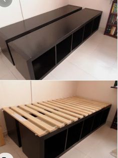 two pictures of the same bed frame in different stages of being made into a bench