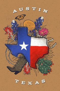 the texas state is depicted with flowers and other things