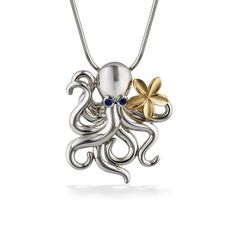 44735 - 14K Yellow Gold and Sterling Silver - Octopus and Plumeria Pendant Hawaiian Heirloom Jewelry, Tahitian Pearls Jewelry, Sea Turtle Jewelry, Pineapple Jewelry, Octopus Pendant, Sea Life Jewelry, Inlay Jewelry, Turtle Jewelry, Freshwater Pearl Jewelry