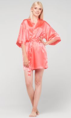 Light Coral Satin Kimono Short Robe-Robemart.com Satin Wrap Robe With Satin Finish, Silk Kimono With Satin Finish, Pink Satin Robe With Satin Finish, Satin Sleepwear With Kimono Sleeves For Wedding Night, Summer Silk Robe For Sleep, Silk Robe With Satin Finish For Sleep, Silk Satin Finish Sleep Robe, Summer Satin Night Robe, Pink Spring Night Robe