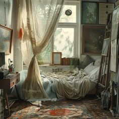 a bedroom with a bed, window and rug on the floor in front of it