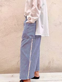 Striped Twill Picker's Pant | FLORA ANIMALIA Easy Wide Leg Pants, Adjustable Waistband, Cotton Pants, Top Stitching, We Wear, Minimalist Outfit, Grey Stripes, Blue Stripes, Cotton Twill