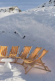 some chairs are sitting in the snow