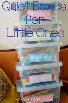 the words quiet boxes for little ones are shown in front of a stack of plastic containers