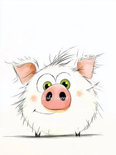 a drawing of a pig with green eyes