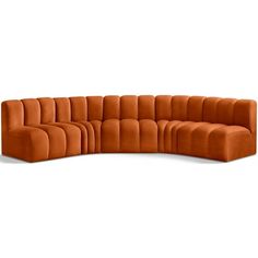 an orange sectional sofa with multiple sections and rectangles on the back, facing each other