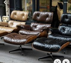 three different types of leather chairs sitting on the sidewalk