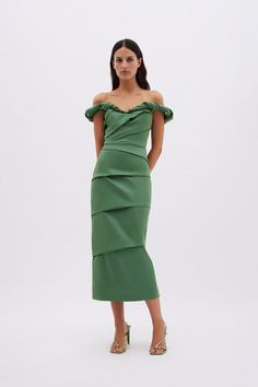 ASHA DRESS Neckline Slimmer, Column Skirt, Rachel Gilbert, Ruched Bodice, Green Midi Dress, Bride Bridal, Event Dresses, Fitted Bodice, Feminine Style