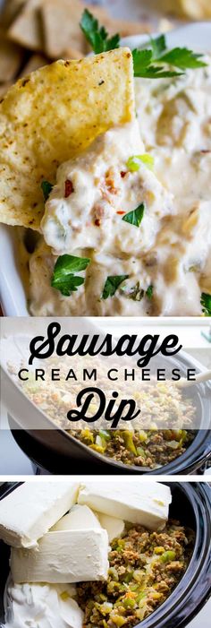 sausage cream cheese dip with tortilla chips on the side and other appetizers