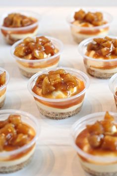 mini desserts with caramel topping in plastic cups