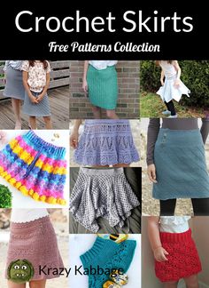 the crochet skirt pattern is shown in many different styles and sizes, including skirts