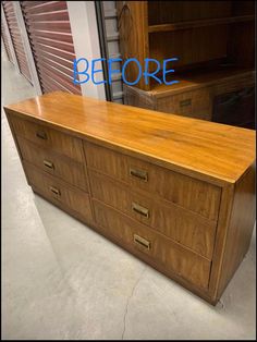 a large wooden dresser sitting next to a bookcase in a room with the words before written on it