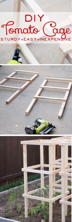 an easy diy planter made out of pallets and wooden boards with text overlay that says, diy tomatote cage