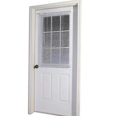 a white door with blinds on it