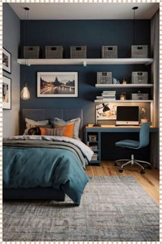 a bedroom with a bed, desk and shelves on the wall next to each other