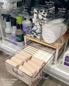 an organized bathroom drawer with lots of items labeled in the bottom shelf and labels on it