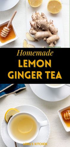 homemade lemon ginger tea recipe with ingredients on the table and in bowls, spoons and plates