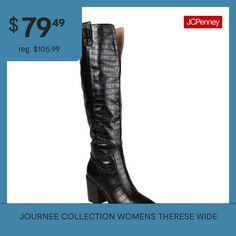 Do you prefer the city or the country? Embrace both sides with the Therese boot by Journee Collection. A stacked block heel and croc textured vegan leather detail this knee-high boot for a sassy look. This rodeo-inspired design features a wide-calf and a 4 mm true comfort foam insole for supportive and comfortable wear.Features: ComfortClosure Type: ZipperFootwear Technology: Memory Foam InsoleShaft Circumference: 15 1/2 InchesBoot Shaft Height: 16 1/2 InchesShoe Heel Height: 3 1/4 InchesUpper/… Wide Calf Boots For Women, Boots Dress, Black Riding Boots, City Vibes, City Vibe, Bustling City, Wide Calf Boots, Dress Boots, Wide Calf