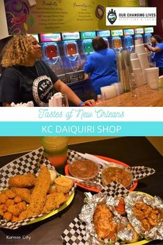 two plates of fried chicken and other food on display at a fast food restaurant, with the caption takes of new orleans kca liquor shop