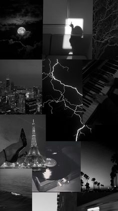 black and white images with lightning in the sky