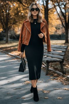 Pair your favorite dress with a suede jacket for an effortlessly stylish ensemble. This combination is perfect for transitioning between seasons while maintaining a chic appearance. European Winter Fashion, European Winter, Timeless Looks