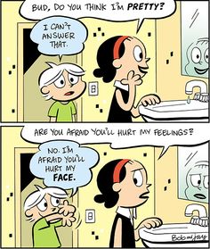 a comic strip with two women talking to each other in front of a bathroom sink