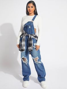 Azul Casual Collar sin mangas Mezclilla Liso,Estampado Integral Pantalones de tira Embellished No-Elástico Ripped Jean Overalls, Women Overall Outfits, 90s Fashion Jeans Outfit, Women’s Street Fashion 2023, Overall Crop Top, 90s Overalls Outfit Hip Hop Women, Jean Dungarees Outfits, Cute Overall Outfits Aesthetic, 90s Overalls Outfit Hip Hop