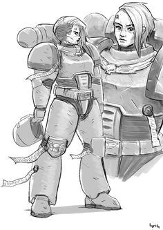 a drawing of two people standing next to each other in front of a giant robot