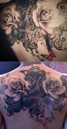 the back of a woman's shoulder with roses and laces on her chest