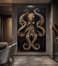 an octopus painting hanging on the wall in a dining room