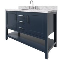 a bathroom vanity with two sinks and a counter top in blue, isolated against a white background