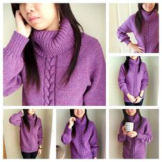 the woman is wearing a purple sweater and holding a cup in her hand while posing for pictures