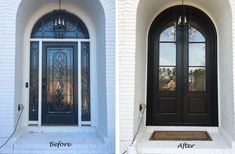 the before and after photos of a front door with glass inserts on both sides