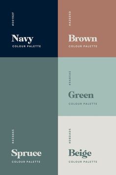 four different color palettes with the names of various colors and font options on them