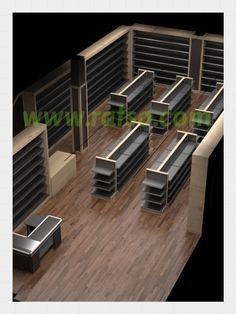 an office cubicle with desks and shelves on the floor is shown in this 3d image