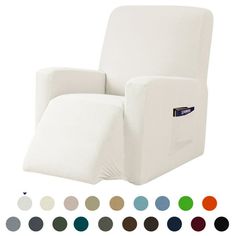 a white recliner chair with various colors and options for the seat upholstered