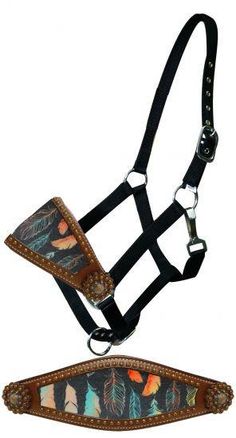 a multicolored horse bridle and halter