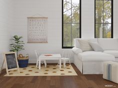 a living room filled with white furniture and lots of wood flooring next to a window