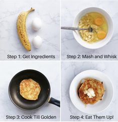 four steps to make pancakes with bananas and eggs