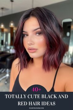 Check out the 45 black and red hair ideas we just posted on our blog. From the subtle yet sexy black hair with burgundy highlights you see here to vibrant copper streaks and bright red balayage, you'll find a ton of highlights inspo there. Click the pin to see it now and follow us for more ideas! Dark Cherry Hair Balayage, Black With Burgundy Hair, Curtain Bangs Red Highlights, Burgundy Face Framing Highlights, Black Hair With Red Highlights Bangs, Subtle Burgundy Balayage, Dark With Red Highlights, Black Hair Cherry Highlights, Dark Hair Peekaboo Color