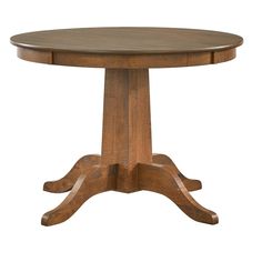 a round wooden table with two leaves on the top and one leaf at the base