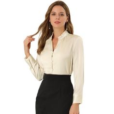 This satin blouse styled in a ruffle neck brings elegance to whatever outfit you're putting together. A neck with ruffled trim and lantern sleeve bring instant elegant to any day or night look. Suitable for Casual, Dating, Office, Work, Formal Occasion and Daily Wear. Perfectly pair it with jeans or skirt for a elegant and exquisite look. Modern and elegant, this shirt style with softly satin fabric and lantern sleeve. Elegant Cream Blouse At Affordable Price, Elegant Ruffled Button-up Shirt, Elegant Ruffled Button-up Tops, Formal Ruffled Button-up Shirt, Elegant Button-up Ruffled Tops, Elegant Button-up Tops With Ruffles, Elegant Long Sleeve Ruffled Shirt, Formal Ruffled Collared Shirt, Elegant Long Sleeve Shirt With Ruffles