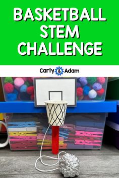 Basketball STEM Challenge (One-Handed Basketball Game) Summer Olympics STEM Challenges (March Madness STEM) Basketball Stem, Science Party Games, Kindergarten Stem Challenges, March Maddness, March Stem, March Craft, Kindergarten Stem