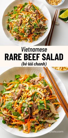 a plate of Vietnamese rare beef salad with lime juice (bo tai chanh) Crockpot Vietnamese Recipes, Vietnamese Beef Salad, Vietnamese Salad Recipes, Healthy Vietnamese Recipes, Thai Beef Salad Recipe, Roast Beef Salad, Vietnamese Salad, Thai Beef Salad