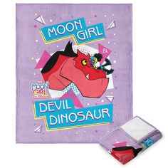 a purple towel with the words moon girl and devil dinosaur on it