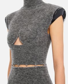 Turtleneck. Frontal cut-out. Midi lenght. Slim fit. Color: grey. Composition: 38% Mohair, 38% W0, 19% Polyamide, 5% Elastane Luxury Fitted Mohair Outerwear, Luxury Bodycon Dress With Cutout Details, V-neck Stretch Dress With Hollow Out Details, Knitted Dress Catwalk, Mohair Fabric, Versace Belt, Italian Outfits, Yoga Wear, Gray Dress