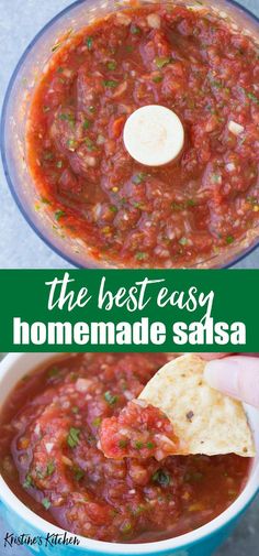 homemade salsa in a food processor with tortilla chips and the best easy homemade salsa recipe